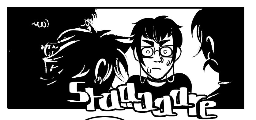 Comic panel with a character in the middle tensed up while three other characters are shown in the foreground from their backs looking at her. There's a lettered word at the bottom: "stare".