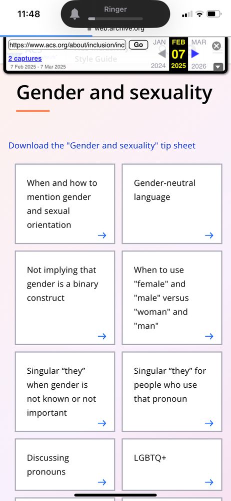 Screenshot of archived version of the ACS inclusivity style guide page "Gender and sexuality"