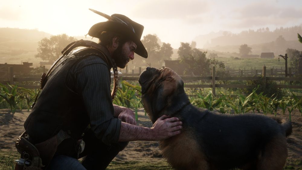 Arthur Morgan pets a Bloodhound in the middle of a farm.