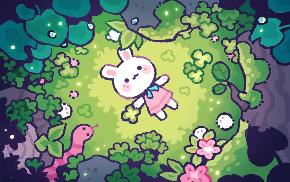 a drawing of a bunny lying down in the woods, holding a 4 leaf lucky clover.