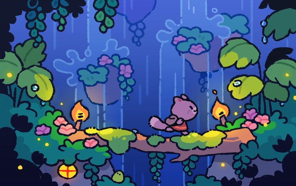 a drawing of a cat, running across a fallen tree in front of a waterfall during the night.