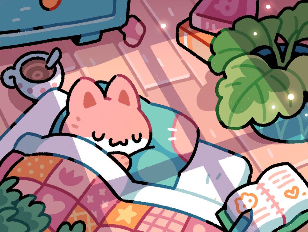 drawing of a cute pink cat having a nap on the floor under a patchwork blanket, with sunlight streaming in through a window.