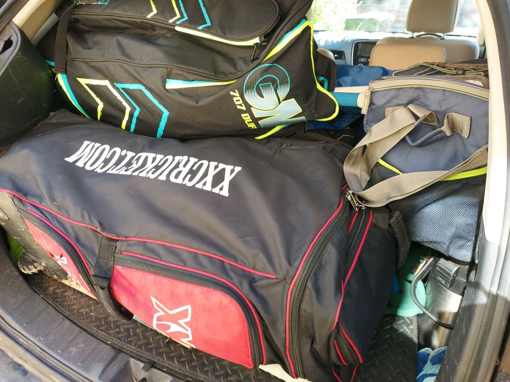 Car boot absolutely packed with cricket gear