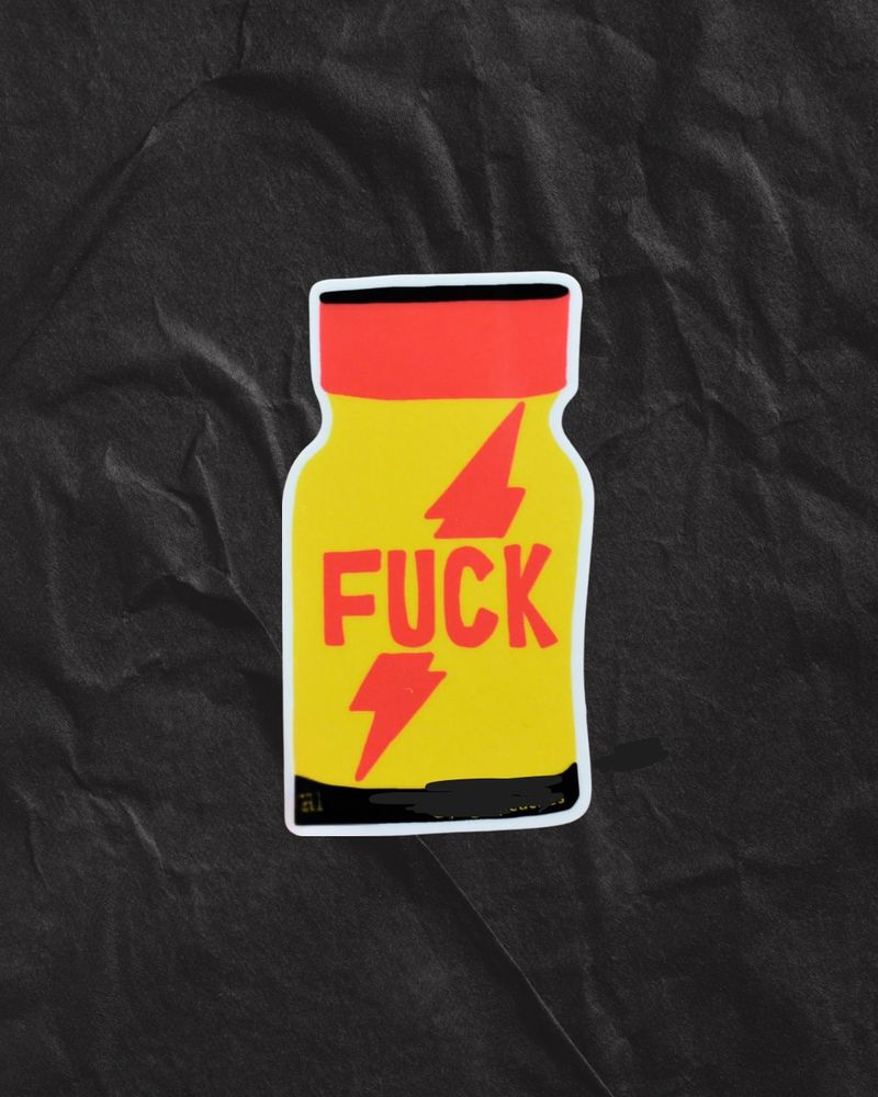 Sticker of a bottle of eggplant vapors that say fuq in place of the brand name