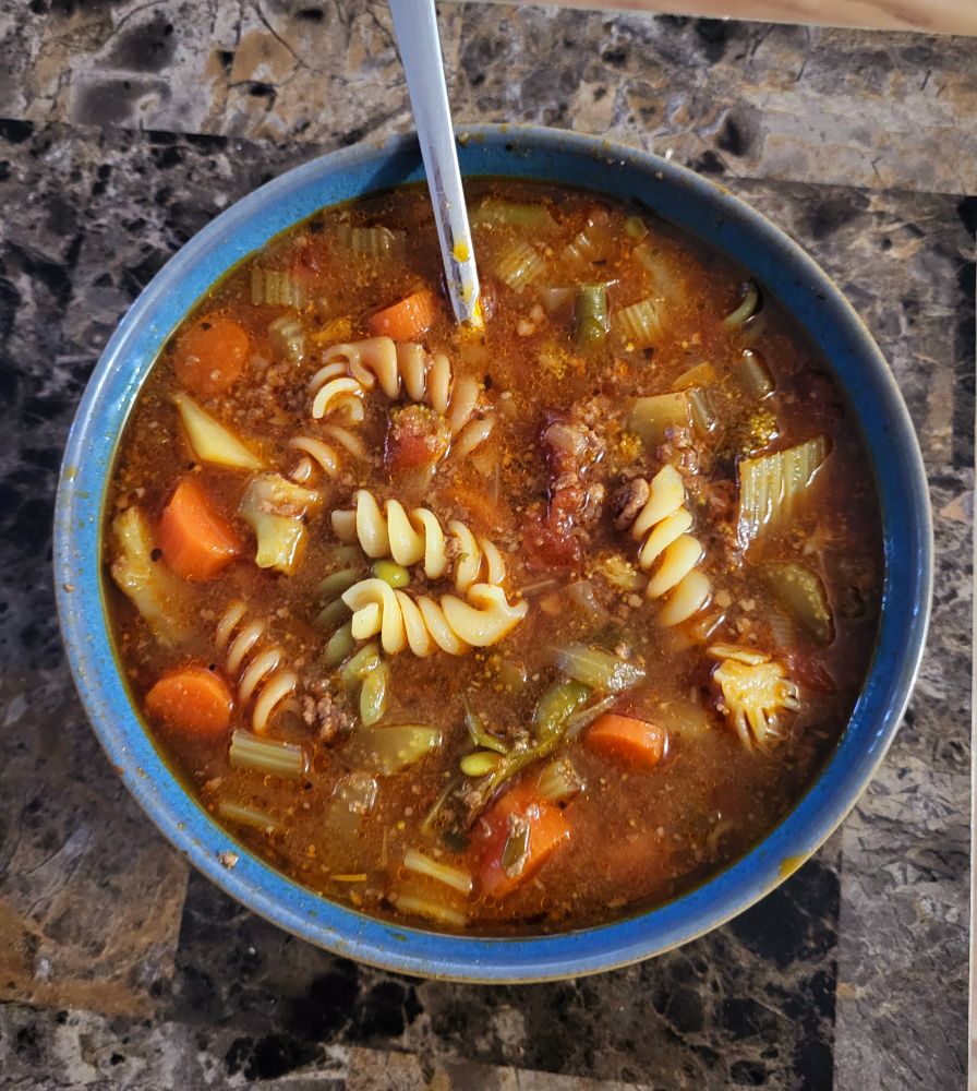 Bowl of soup with rotini pasta, onion, celery, carrot, tomato, potato, green + yellow beans, peas, broccoli, ground deer, liquid smoke. 