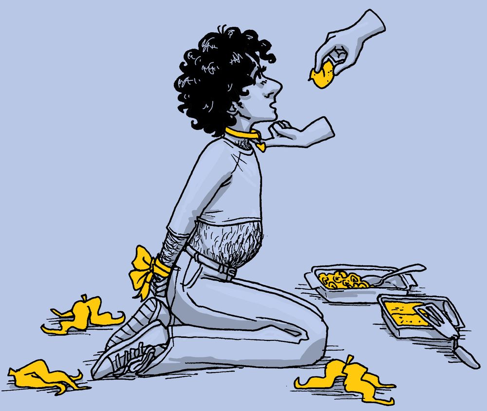 Drawing of a man kneeling on the ground, hands tied behind his back with a yellow ribbon. He's wearing a crop top which reveals his full, rounded belly. On the ground around him are banana peels, a half-eaten dish of mac and cheese, and a mostly-eaten tray of cornbread. One disembodied hand tugs him forward by the dog collar he's wearing, while another prepares to feed him a Peep. All of the food, the ribbon, and the collar are yellow, and they're the only things colored.