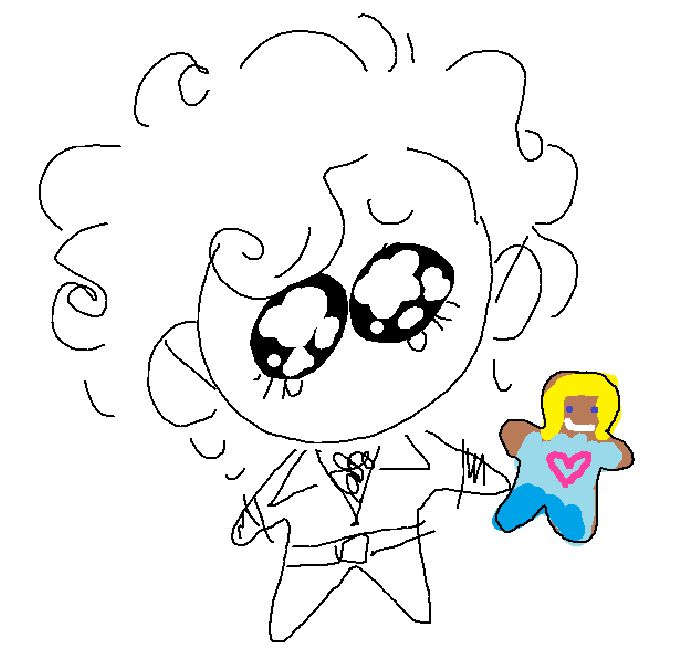 Doodle of a little guy with big wet teary eyes holding a cookie decorated to look like some specific person.
