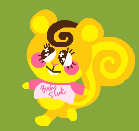 A doodle of a yellow-orange Animal Crossing squirrel with bright yellow accents and a dark brown hair swirl, walking cheerfully and wearing a baby slut crop top.