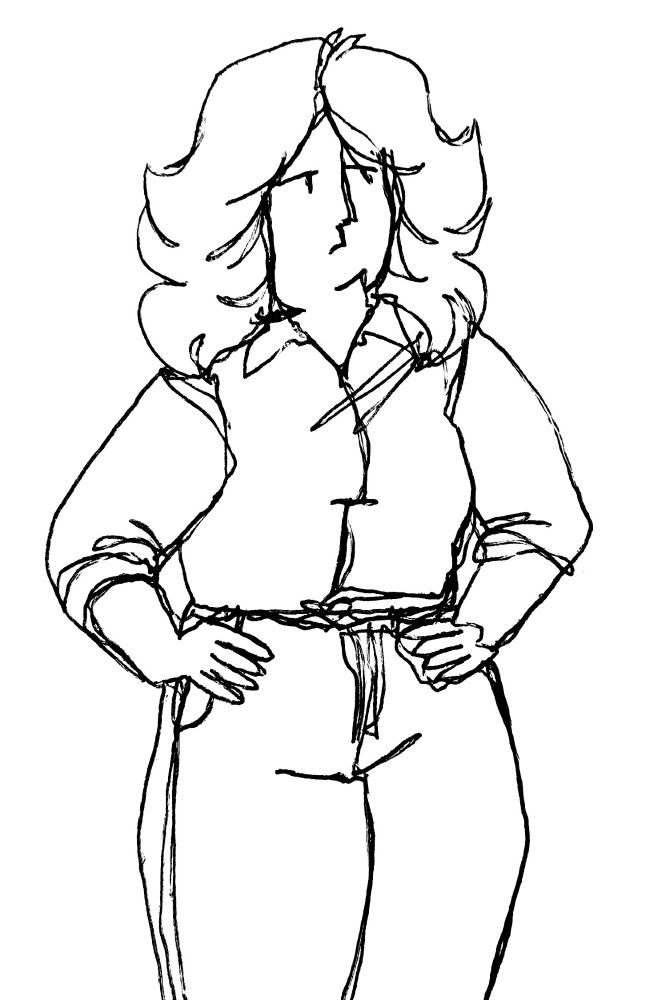 Doodle of a woman with a stern expression with her hands on her hips.