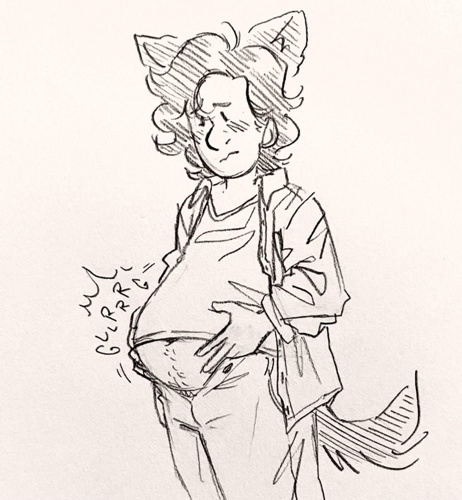 Sketch of a guy with his pants unbuttoned, holding his bloated tummy and looking uncomfortable.