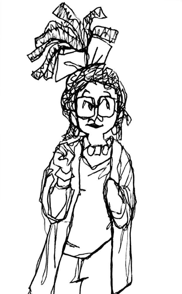 Doodle of a woman with glasses and a big bow in her hair holding up her hand excitedly.