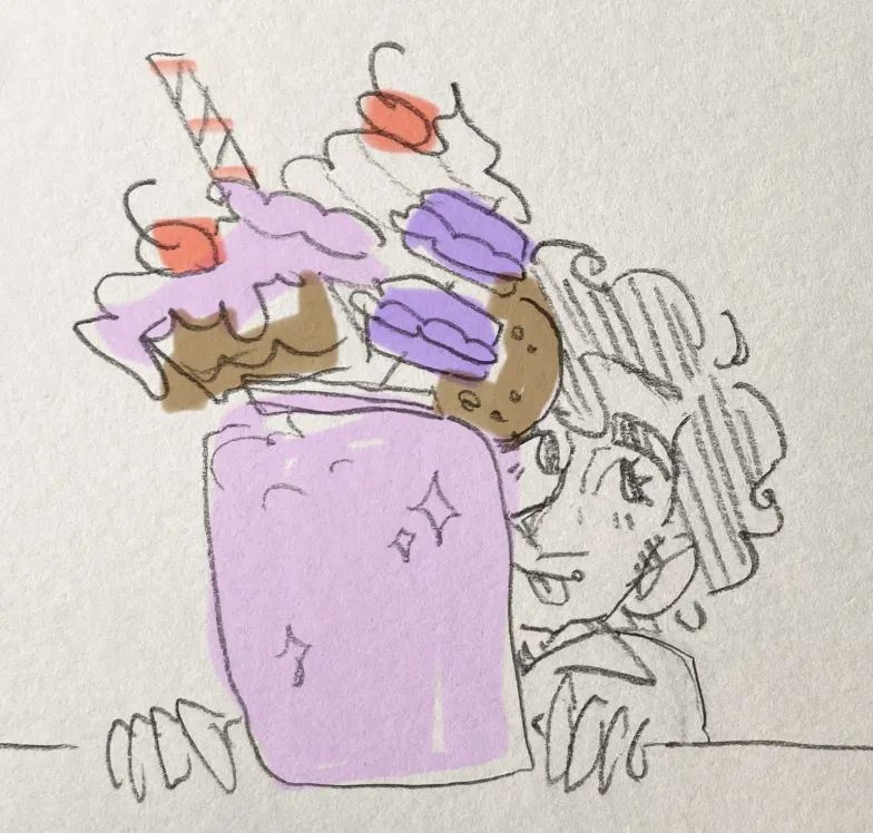 Drawing of a man peeking out from behind a huge milkshake topped with various desserts with a silly smile on his face.
