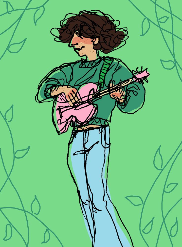 A loose, doodly drawing of a fluffy-haired man holding a guitar, resting one arm over the side of it.