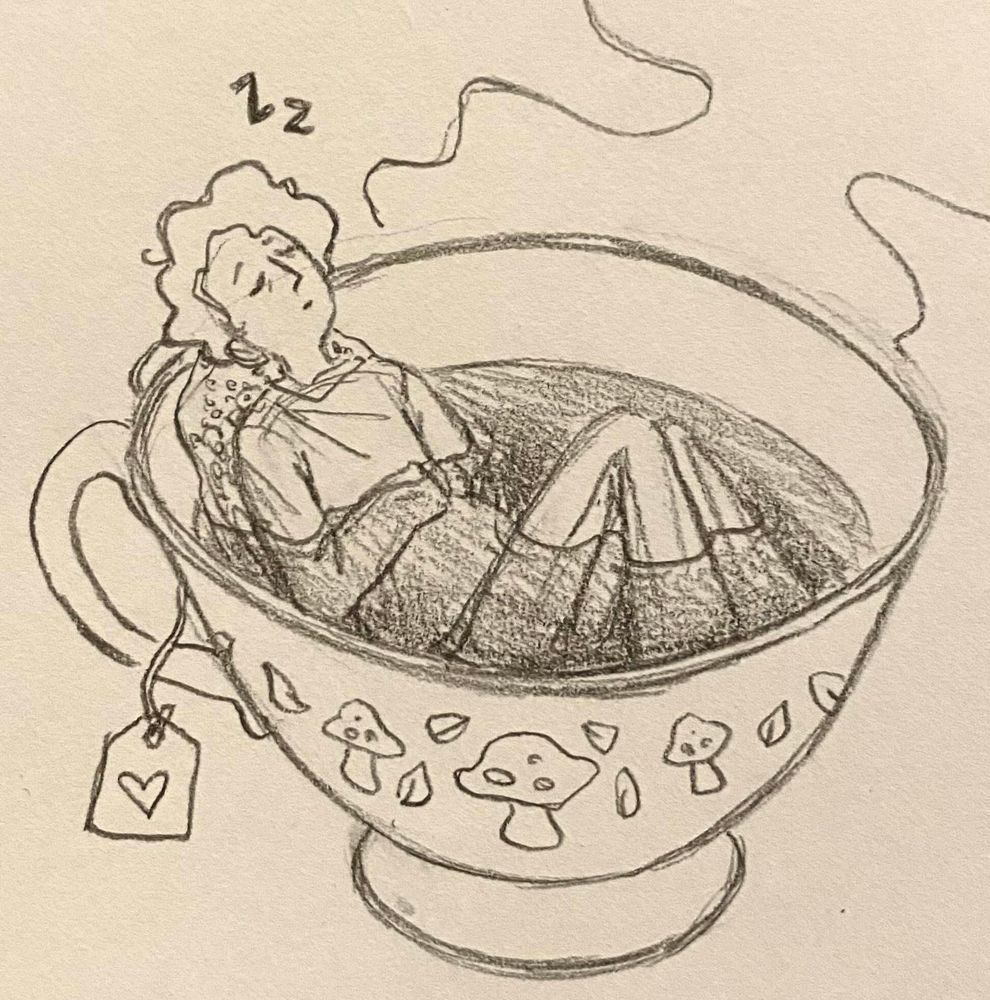 Drawing of a tiny guy sleeping in a cup of tea, leaning back against the teabag.