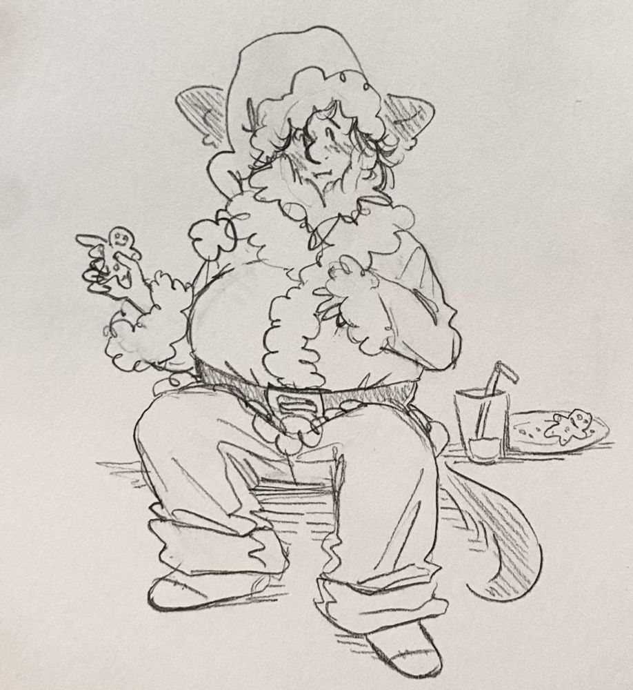 Drawing of a guy in a Santa outfit, mostly oversized but snug around his round, full belly. He sits beside a mostly empty glass of milk and plate of cookies, holding a cookie in one hand and resting the other on his belly.