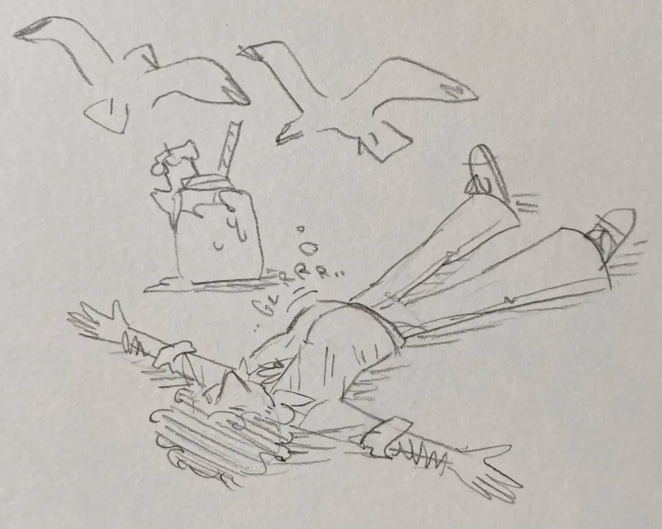 Drawing of the same man splayed out on his back, his bloated tummy gurgling away. A couple seagulls descend upon the remains of the milkshake, which he's barely made a dent in.