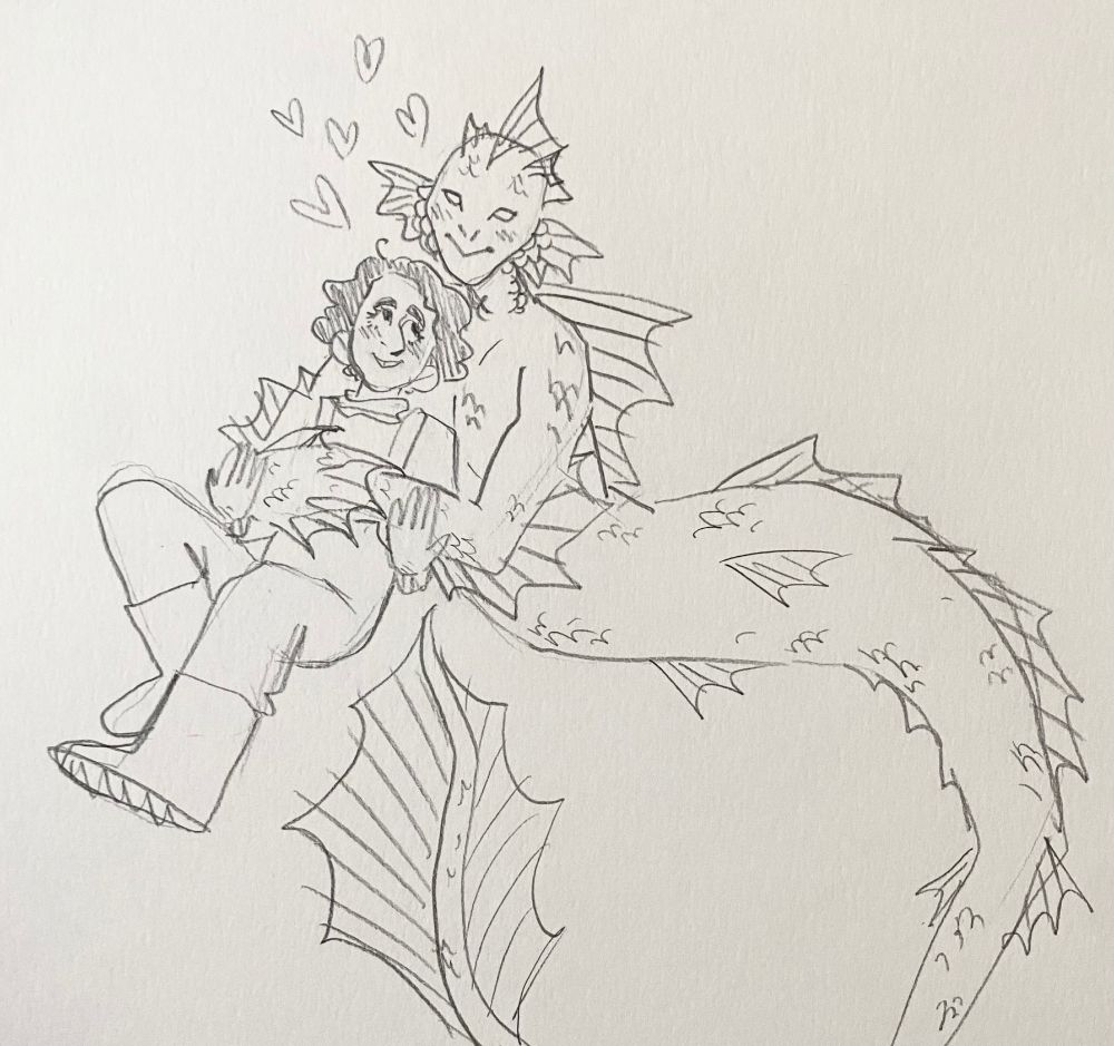 Drawing of a man and a large mermaid with many spiky fins. She's hugging him and he's leaning back against her, and they're looking adoringly at each other.