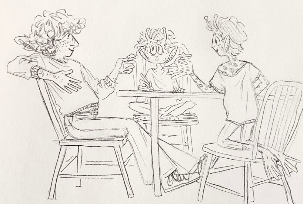 Drawing of a human man and two aliens sitting at a table. The human and one alien are talking while eating cheese on crackers, their rounded bellies suggesting they've been at it for a while, while the other alien listens and takes notes.