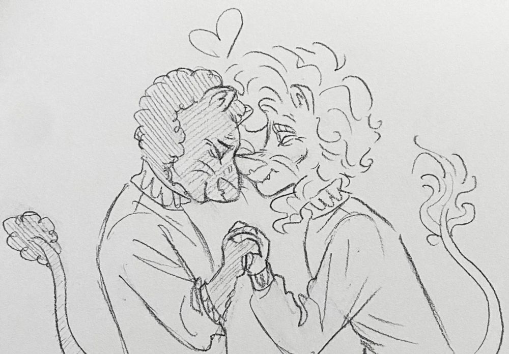 Drawing of two older anthro lions holding hands, one pressing his nose affectionately against the other's.