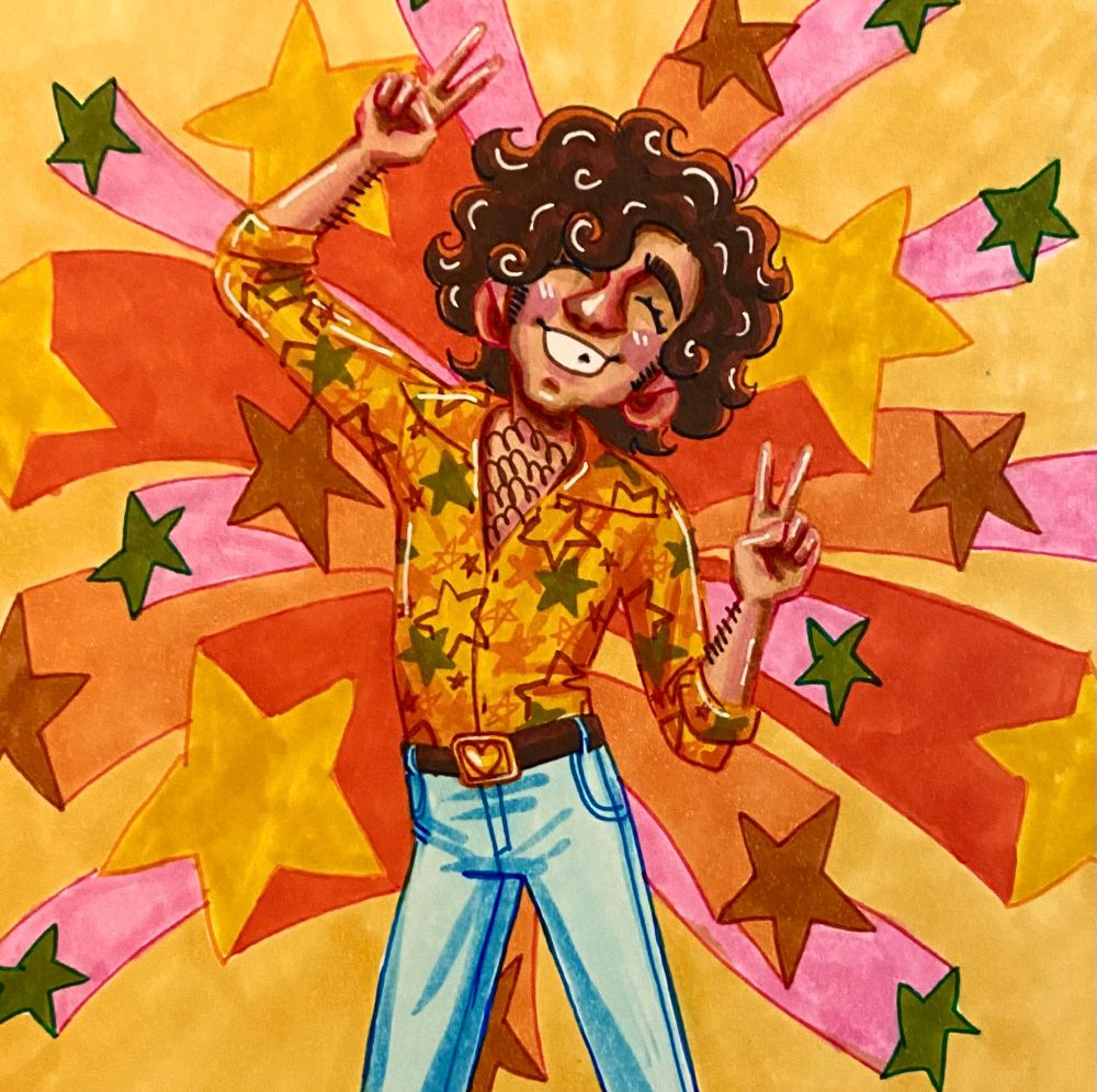 Drawing of a guy in a star-print shirt smiling broadly and flashing two peace signs, with stars exploding from behind him.