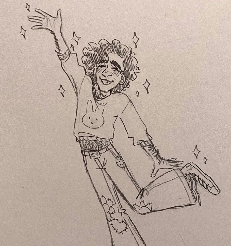 Drawing of a guy smiling brightly and doing a happy little pose, with one arm thrown up into the air and one leg popped up behind him.