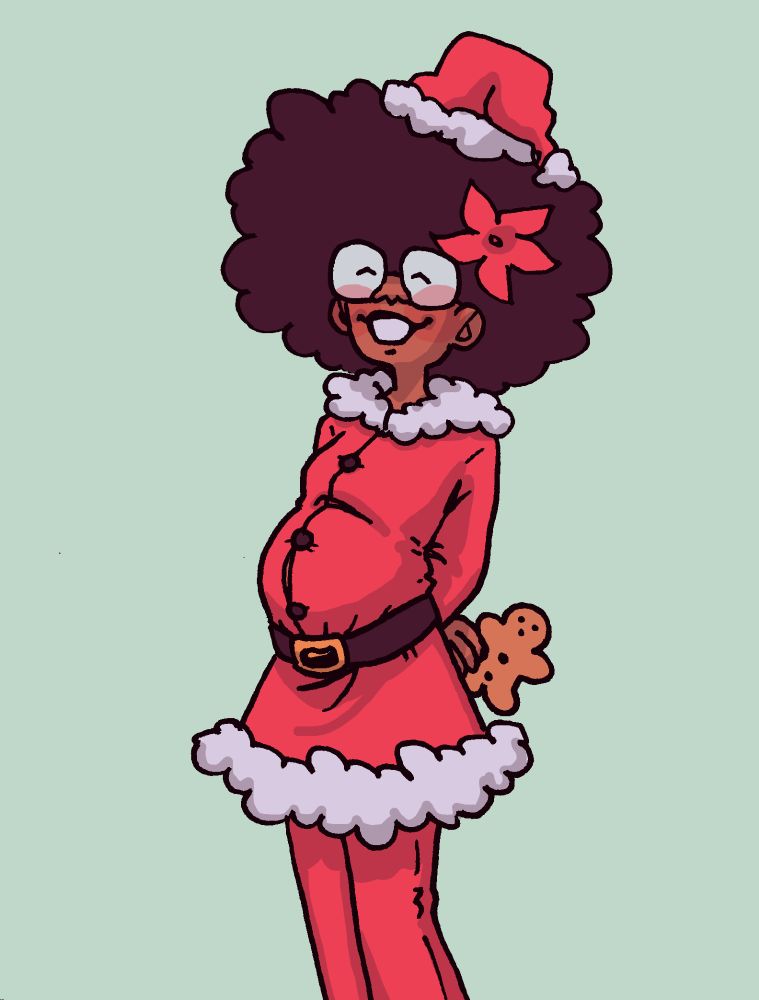 Drawing of a person dressed in a Santa outfit, smiling and holding a cookie behind her back, with a round full tummy sticking out.