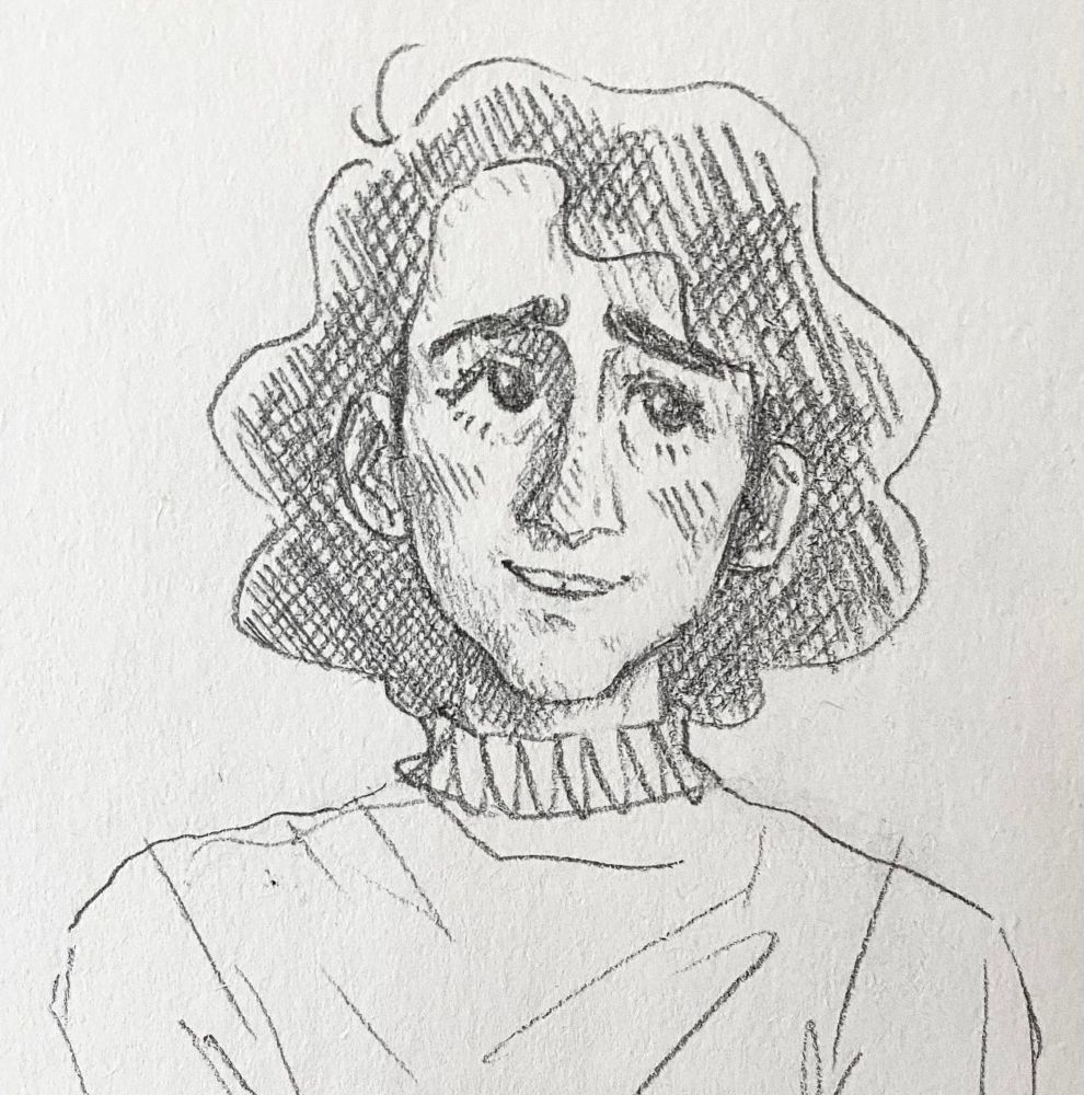 Drawing of a man in a sweater with an almost nervous-looking smile, gazing off at something unseen.