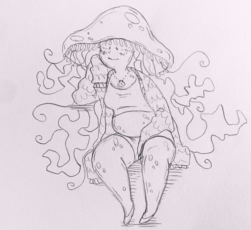 Drawing of a jellyfish person sitting and leaning their elbow on an undefined surface.