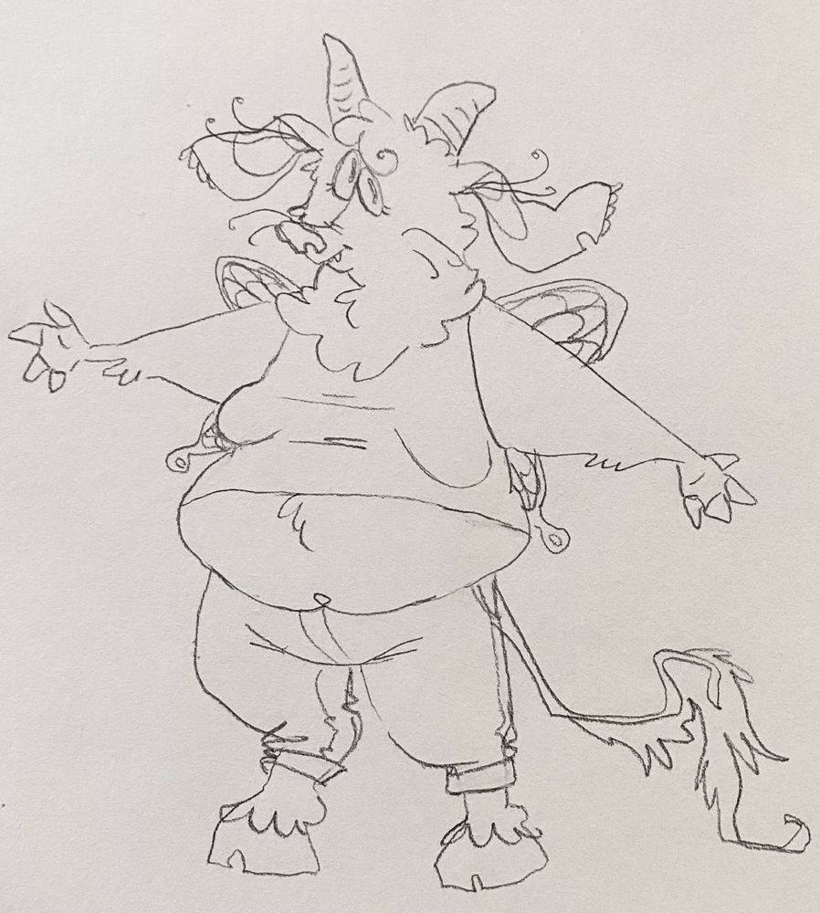 Drawing of a fat fluffy demon with her arms outstretched, with big floppy ears, a long hairy tail, and butterfly wings.