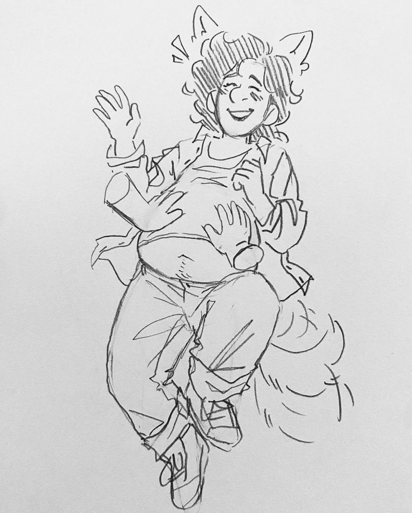 Sketch of a guy laying on his back, laughing as a pair of disembodied hands rub his soft belly.
