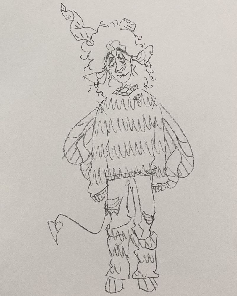 Drawing of a skinny demon in torn oversized clothes, with bug wings, a devil tail, and tall spiral horns with one broken off.