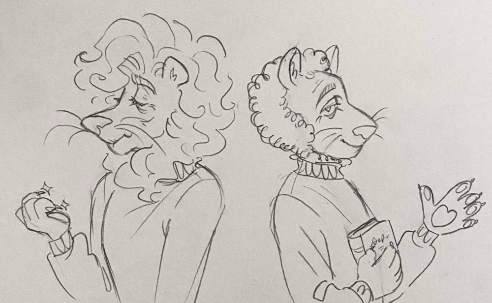 Drawing of two older anthro lions, one examining his claws and the other holding a book and waving.