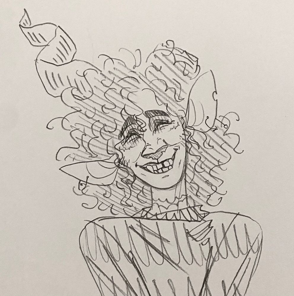 Drawing of a demon with one horn broken off smiling a big, toothy smile.