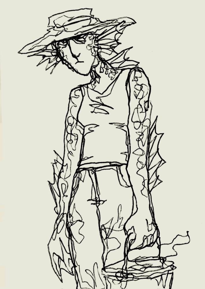 Doodle of a tough-looking fish woman carrying a bucket. 