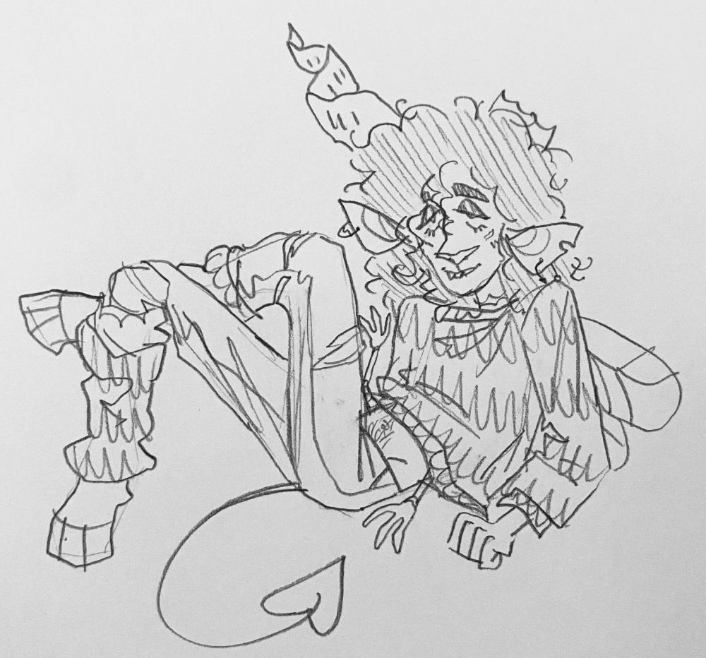 Drawing of a demon reclining on the floor, propped up on his elbows with his legs crossed.