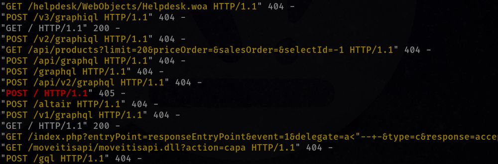 Screenshot of computer terminal with numerous "GET and POST" requests to a variety of API / endpoints with "404" after some and "200" after others