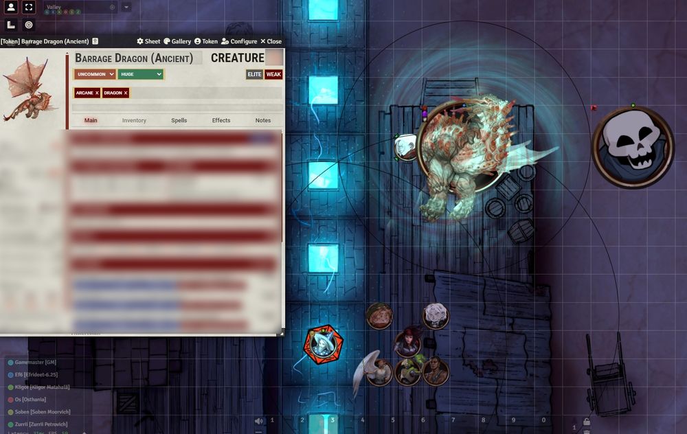 Screenshot of a Pathfinder 2E combat in Foundry. The heroes are facing off against an ancient barrage dragon. 