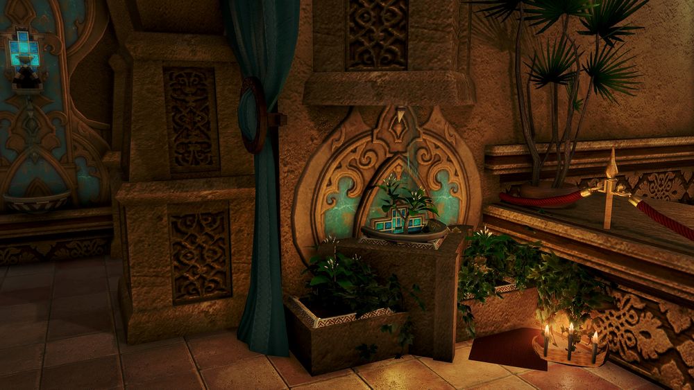 a dimly lit room with a tan tiled floor and tan stonework walls and pillars. There's a small fountain on the back wall outlined with gold designs and a light blue inlay. In the foreground a large stone pillar with a curtain seems to separate rooms and in the foreground a more elaborate fountain with matching gold decorative trim and light blue inlay pours into three stone pillars with plants growing out of them. Three plants with small white buds are sprouting up from each indicating that there's a (functional) flower pot within each pillar