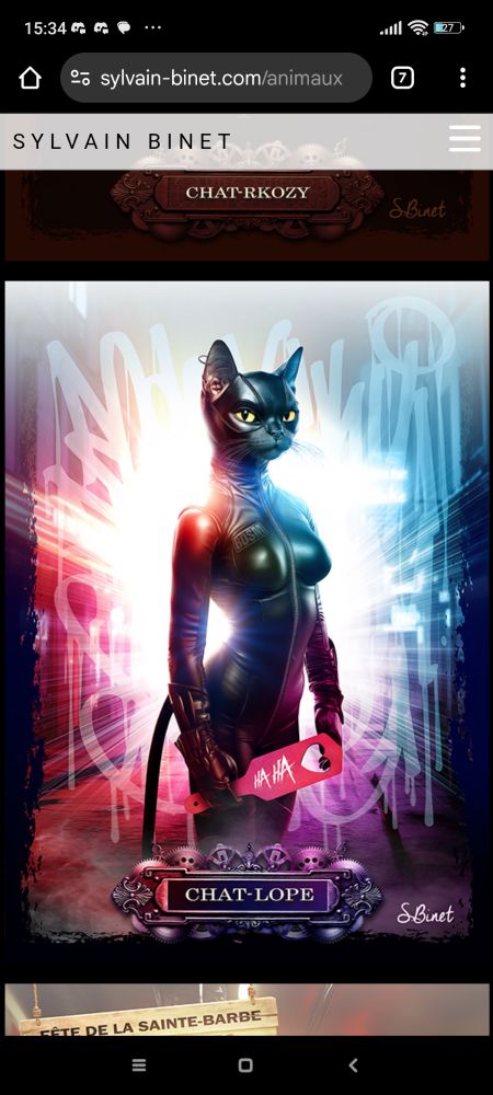 Une image moche générée par IA d'un chat avec un corps humain en combinaison de cuir. Le titre est Chat-lope