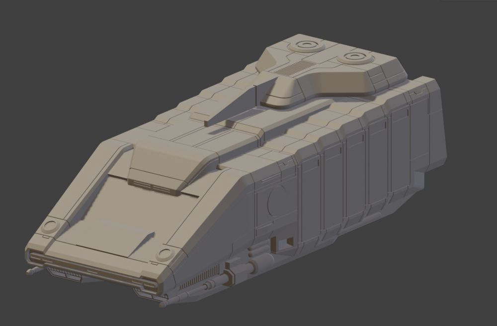 Image d'un vaisseau spatial dans Blender, il est très rectangulaire avec un avant plus profilé et cinq portes de chaque côté