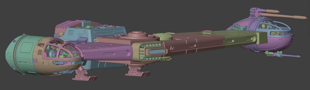 Image d'une chasseur spatiale en 3D, il s'agit d'une aile horizontale avec deux nacelles, celle du pilote à l'extrémité droite de l'aile et celle canonnier à l'opposé, il y a un bloc moteur qui divise l'aile en deux qui est décentré vers la droite.
Il s'agit d'une vue axonométrique de trois quart droite qui révèle la côté  asymétrique de l'appareil