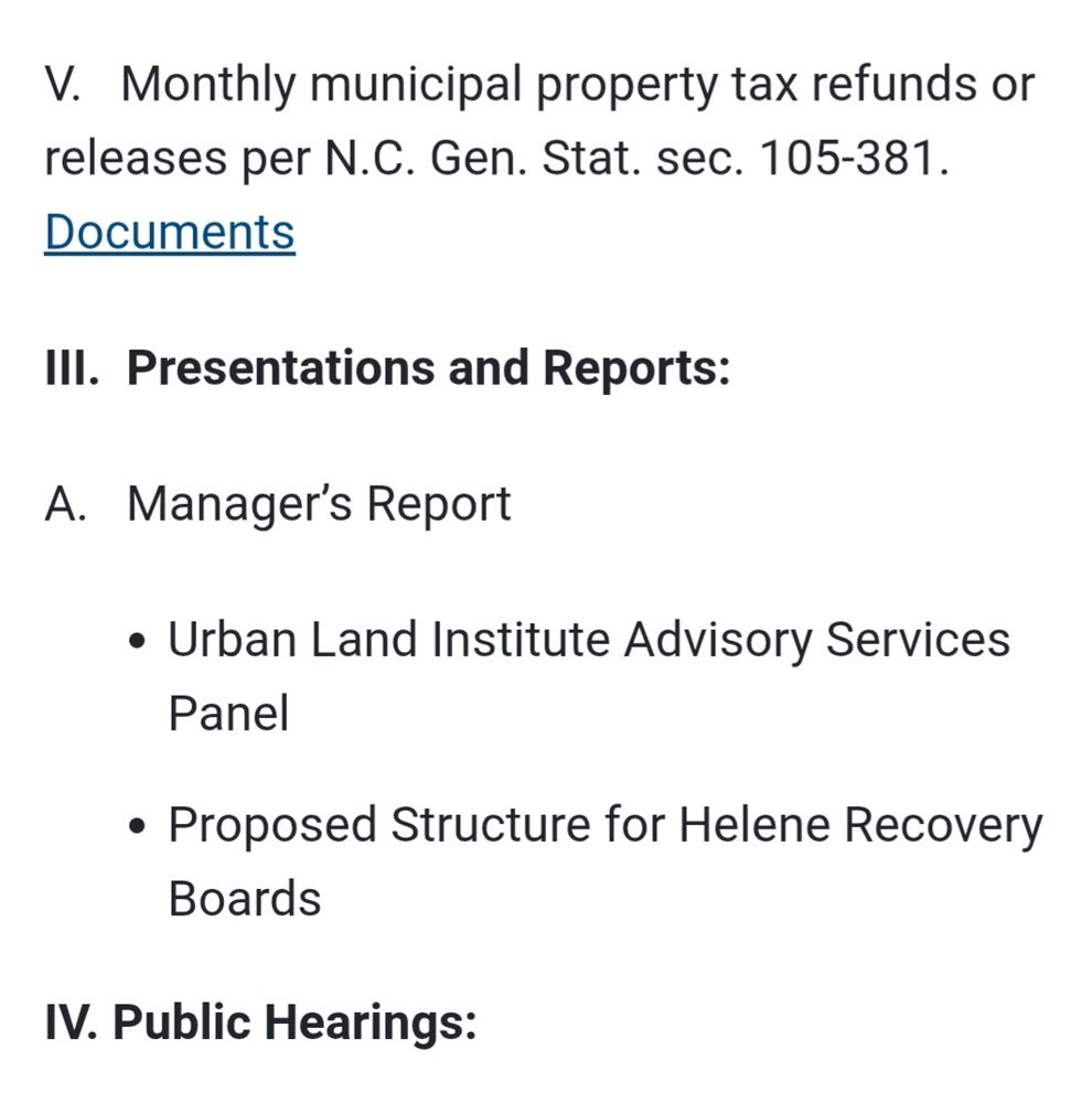 A screenshot of part of the July 29 Asheville city council agenda, with the item "Proposed structure for Helene Recovery Boards" in the repprt section. Unusually, it has no documents.