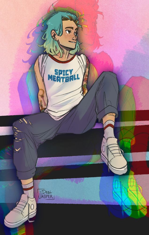 digital drawing of a smiling nonbinary person with aqua hair, brown roots, tattoos, a white t-shirt that reads "spicy meatball," torn blue joggers, and white shoes and socks. They are set against a neon background.