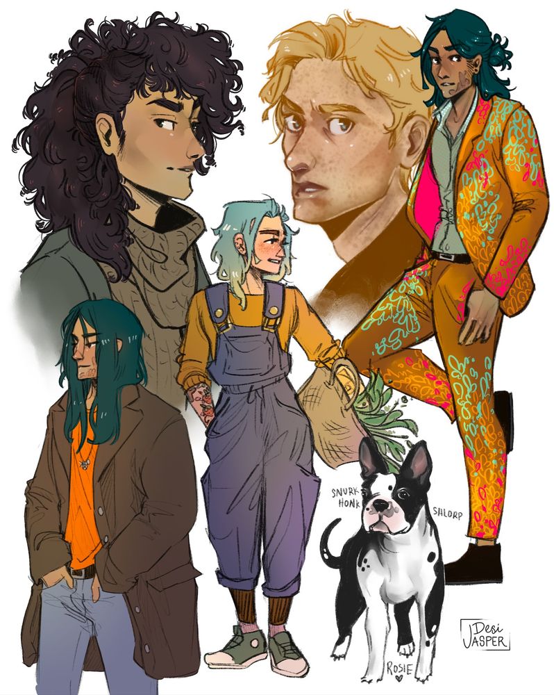 a digital sketch sheet with several characters and a dog.  A man with long, dark, curly hair; a man with freckles and short light hair who looks worried; a young man with long dark hair and a bright orange floral patterned suit; a boston terrier; a nonbinary person with aqua hair and overalls holding a basket of vegetation; and a young man with dark hair and an oversized coat.