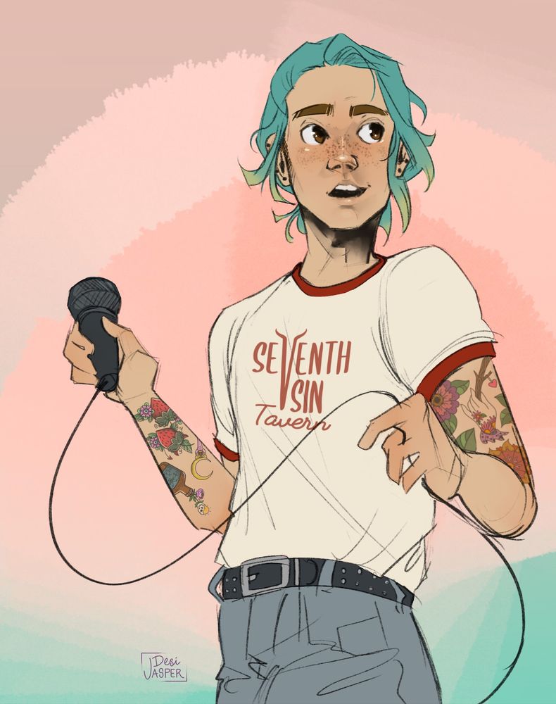 A digital art drawing of an androgynous looking person with aqua hair, freckles, and tattoos. They are singing with a happy look on their face, holding a microphone. They are wearing a white shirt with red text that reads "Seventh Sin Tavern" on it.
