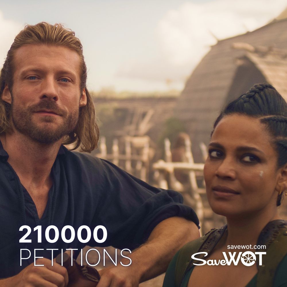 SaveWOT posted featuring 210,000 petitions. The logo and website savewot.com are on the bottom right and the image features Maksim and Alanna in the Two Rivers. 
