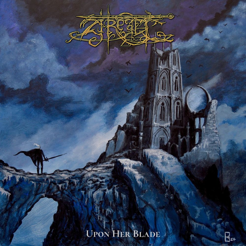 Album art for Upon Her Blade.

Ciri from the Witcher 3 looking upon Tor Gvalch'ca, a ruined stone tour on a cliff face. Dark cloudy sky, ravens, everything is blue, grey, people, white and black.