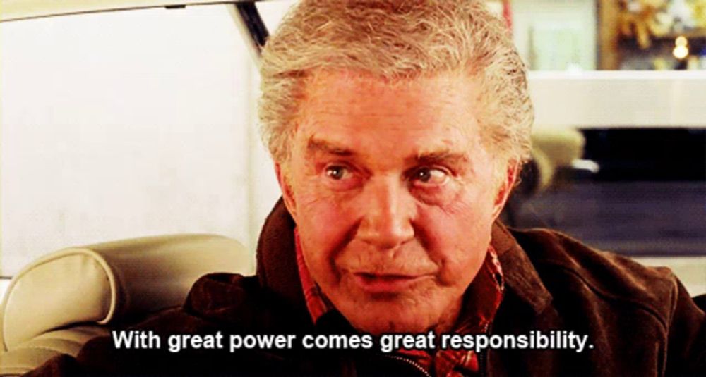 a man in a brown jacket says with great power comes great responsibility