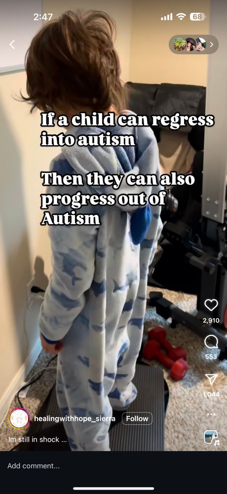 The image shows a child in a blue and white onesie standing in a room with a workout machine and red dumbbells on the floor. The text overlay on the image reads:

“If a child can regress into autism Then they can also progress out of Autism”

The Instagram username “healingwithhope_sierra” is visible, along with engagement metrics: 2,910 likes, 553 comments, and 1,044 shares. The caption reads: “I’m still in shock …”
