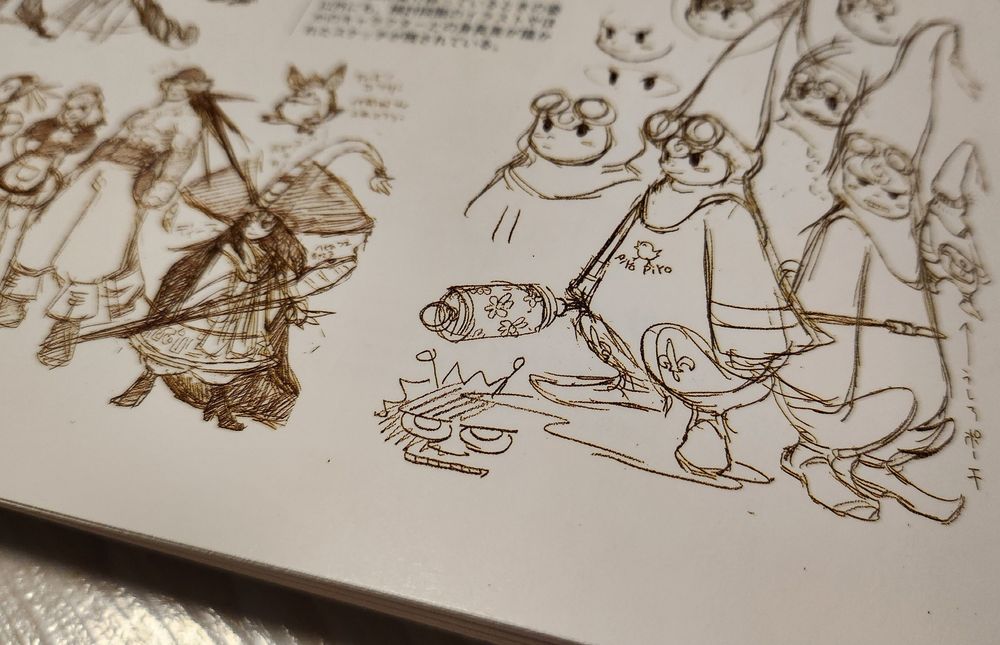 Nice pencil sketches from Breath of Fire 4 art book. There's a doodle it the bottom that suspiciously looks like Stinky from The Moomins. Artwork is made by Tatsuya Yoshikawa